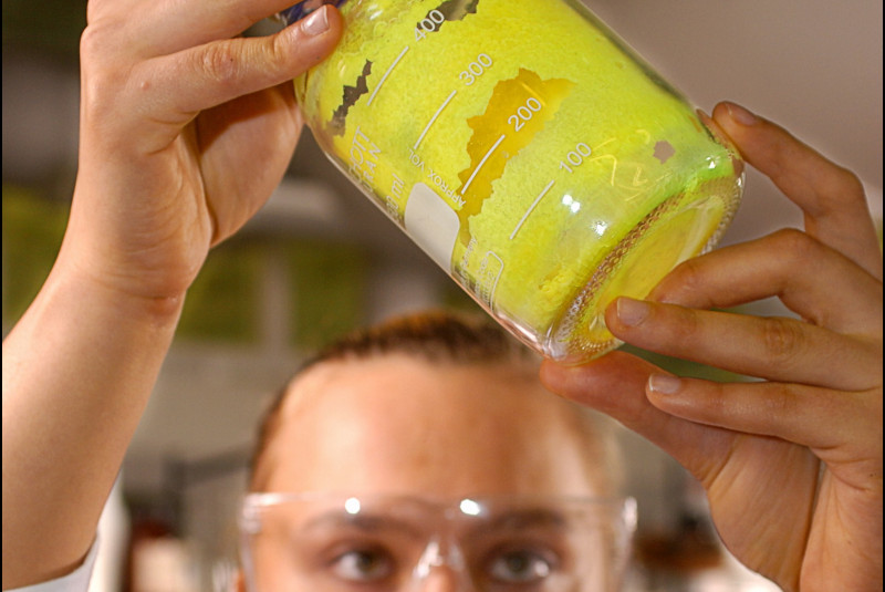 A QUILL research student examining a container containing an ionic liquid