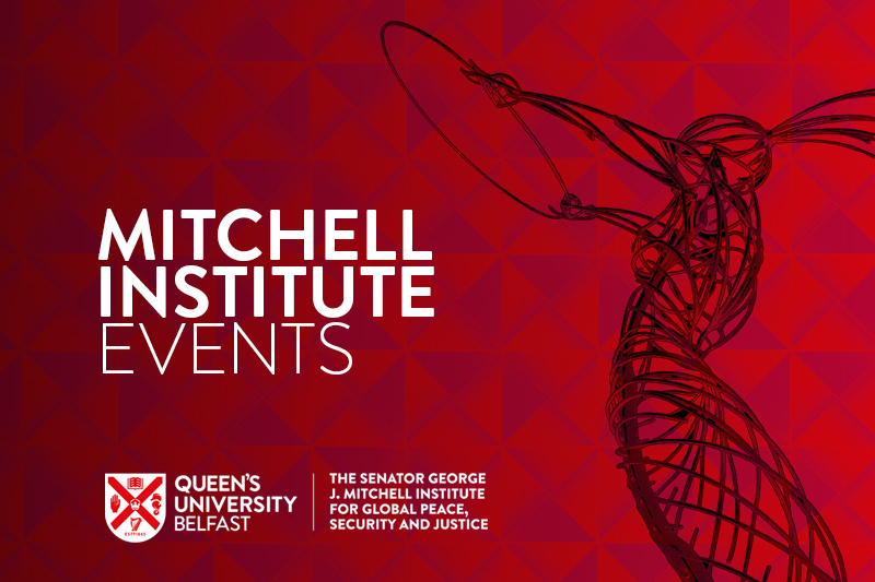 promotional graphic for Mitchell Institute Events, showing Beacon of Hope sculpture in Belfast