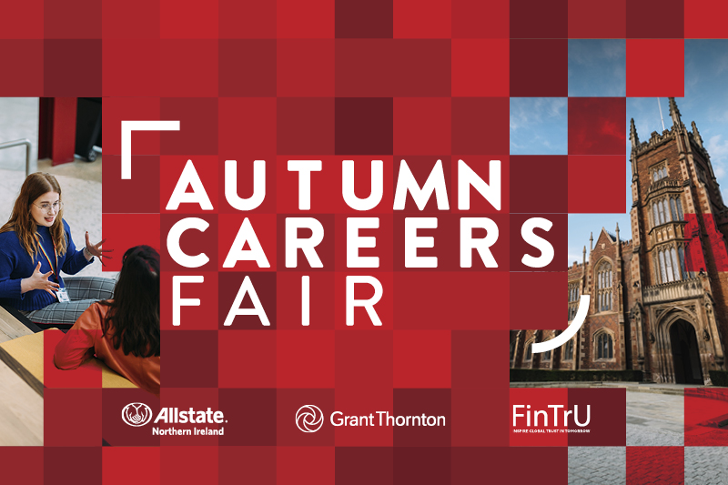 red background and text saying Autumn Careers Fair with student photo at both sides of image