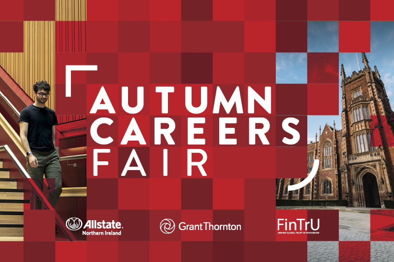 red background and text saying Autumn Careers Fair with student photo at both sides of image