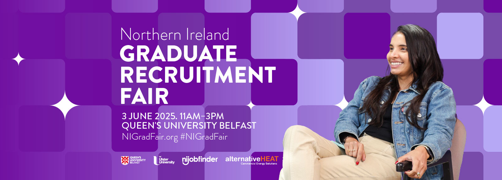 Image of female student sitting looking sideways on with text about NI Grad Fair in design