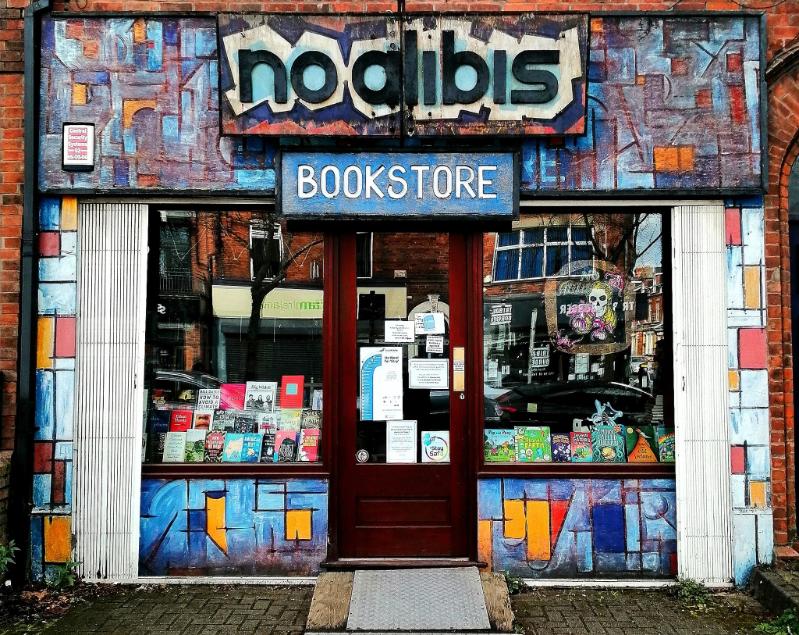 Image shows the shop front of No Alibis Bookstore