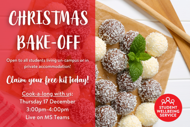 Image of snowball baked goods with overlaying text promoting the Christmas bake off