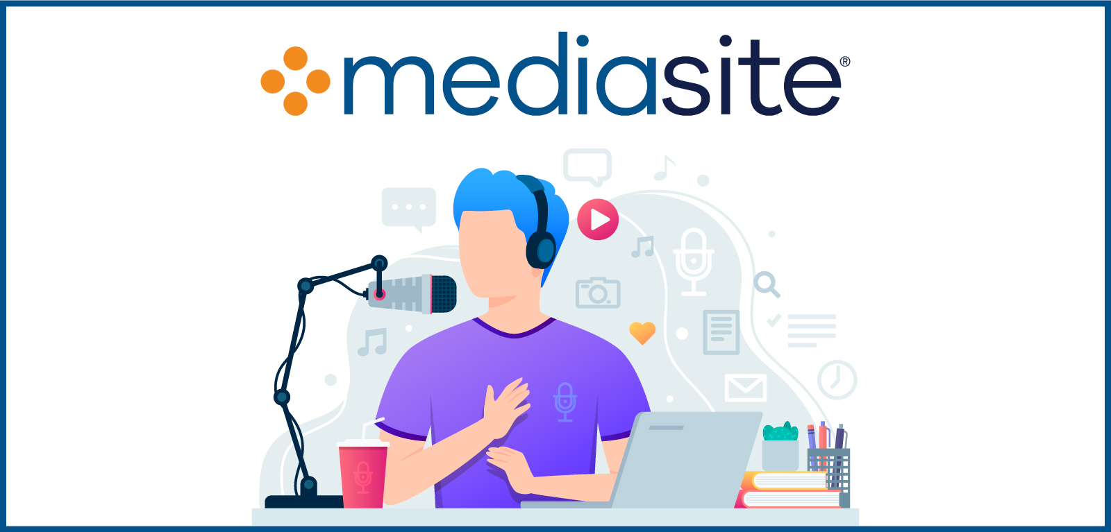 Man sitting doing a podcast with Mediasite logo