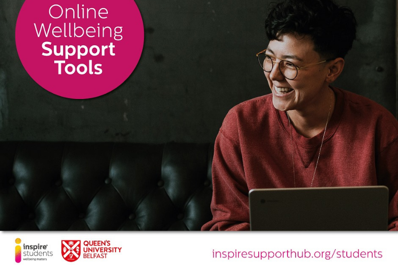 Image of stock image with woman smiling sitting on a sofa. Text reads "Online Wellbeing Support Tools"