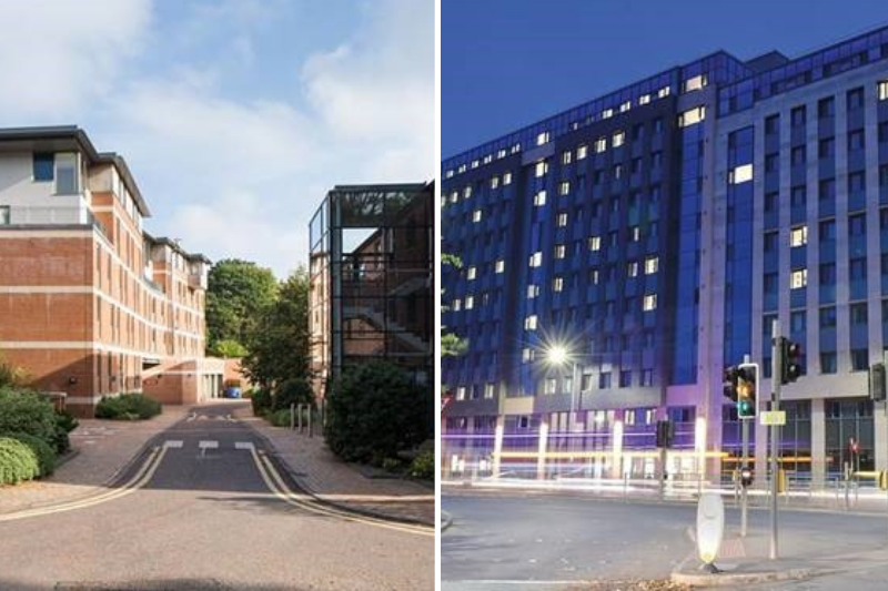 Split image with left hand side featuring Elms BT9 and the right hand side showing Elms BT1 in Belfast City Centre at night-time. 