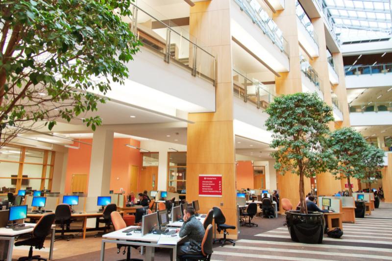 View of McClay Library Atrium with students and PCs