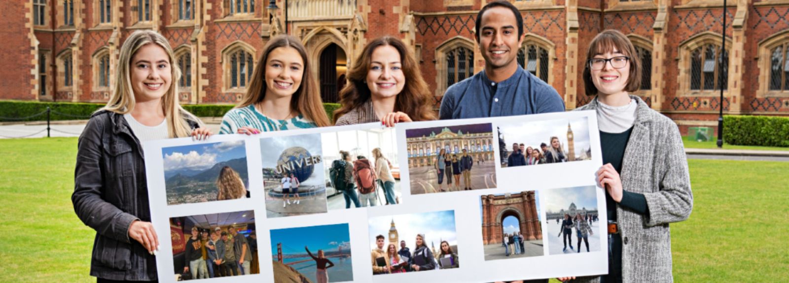students standing outside holding a banner with travel images