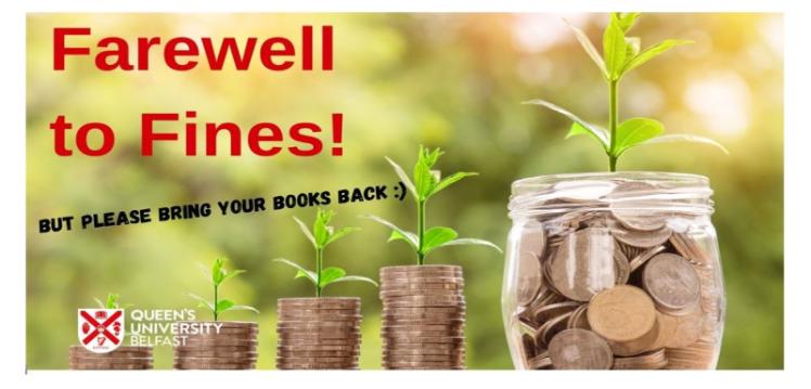 Image of coins and money jar with 'Farewell to Fines - But please bring your books back' text