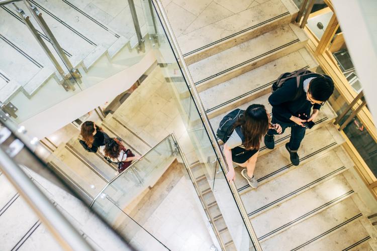 Students walking down the stairs in the McClay Library.