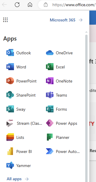 List of Apps on the Microsoft 365 Landing Screen