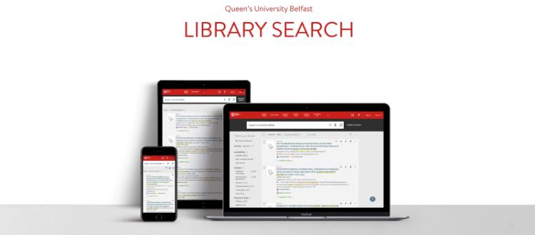 Library Search image showing laptop, tablet, and mobile phone