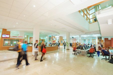 The McClay foyer with students moving through it.