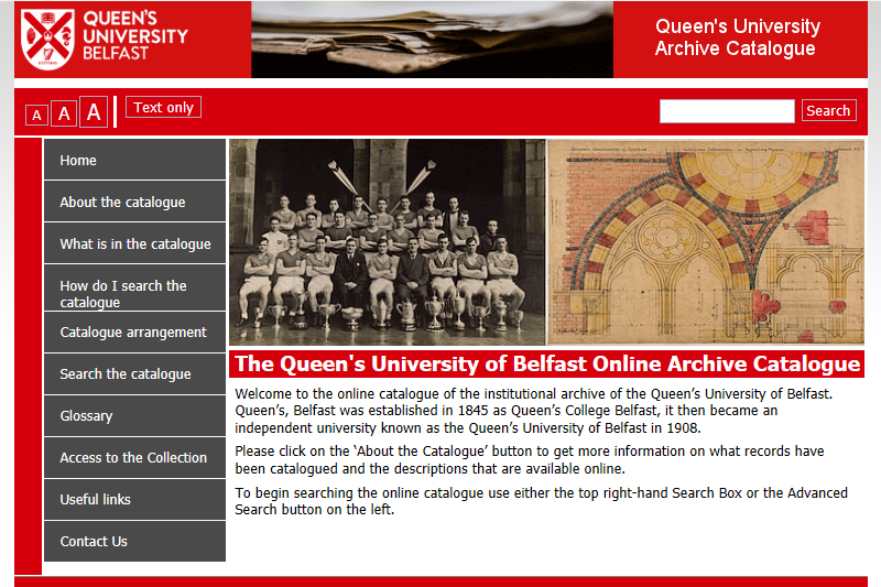 Screenshot of University Archive catalogue homepage.