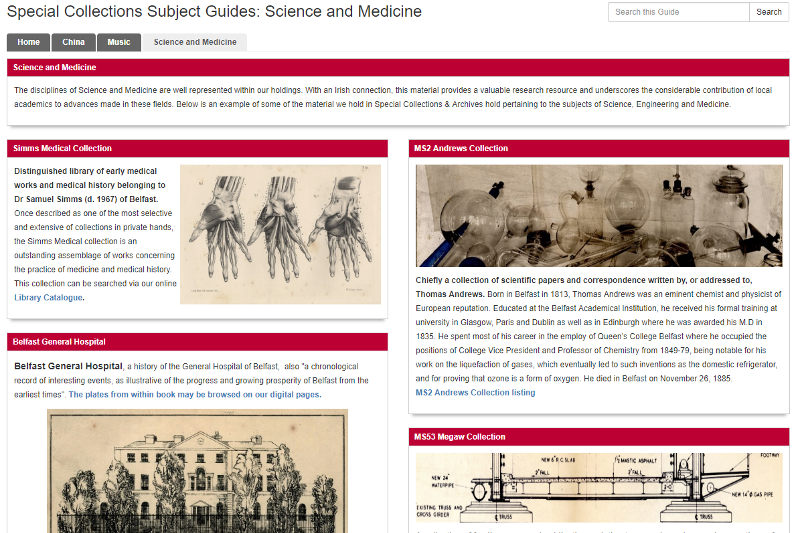 screenshot of Special Collections Subject Guides homepage