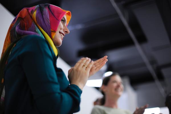 1200x800 woman in a colourful headscarf