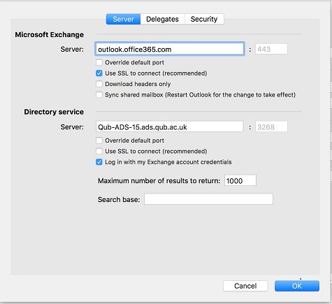 Change the server to outlook.office365.com for Outlook on Mac