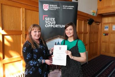 A-Level Entrance Reid-Harwood Scholarship recipient with Chair of Scholarships and Awards Group