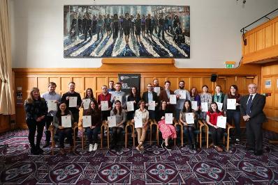 Emily Sarah Montgomery Travel Scholarship recipients with Scholarship and Awards Group representatives