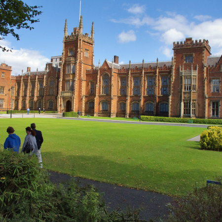 Students walking past the front of the Lanyon Building, Queen's University Belfast
