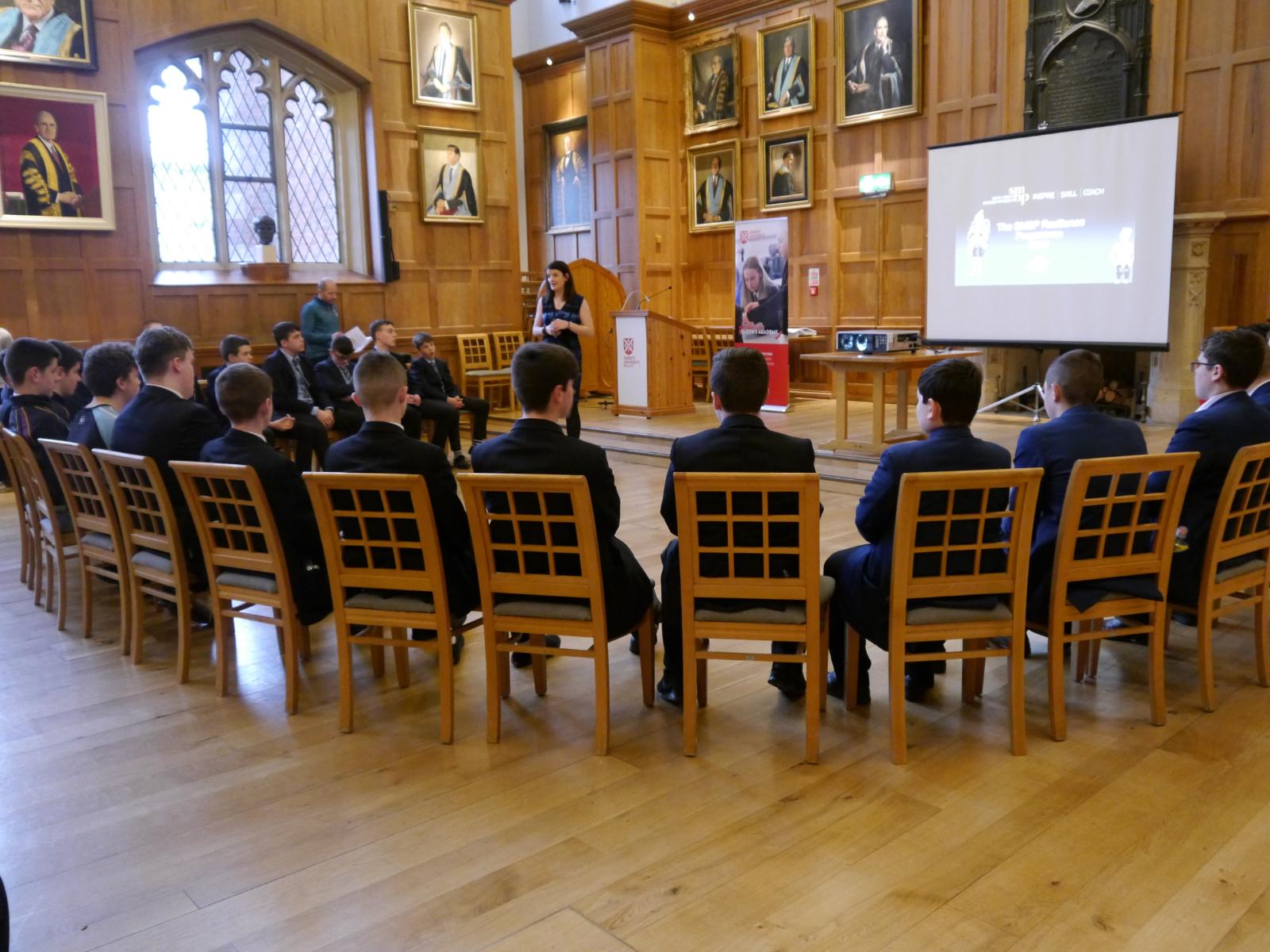 Junior Academy Sports Leaders in the Great Hall undertaking resilience training. 