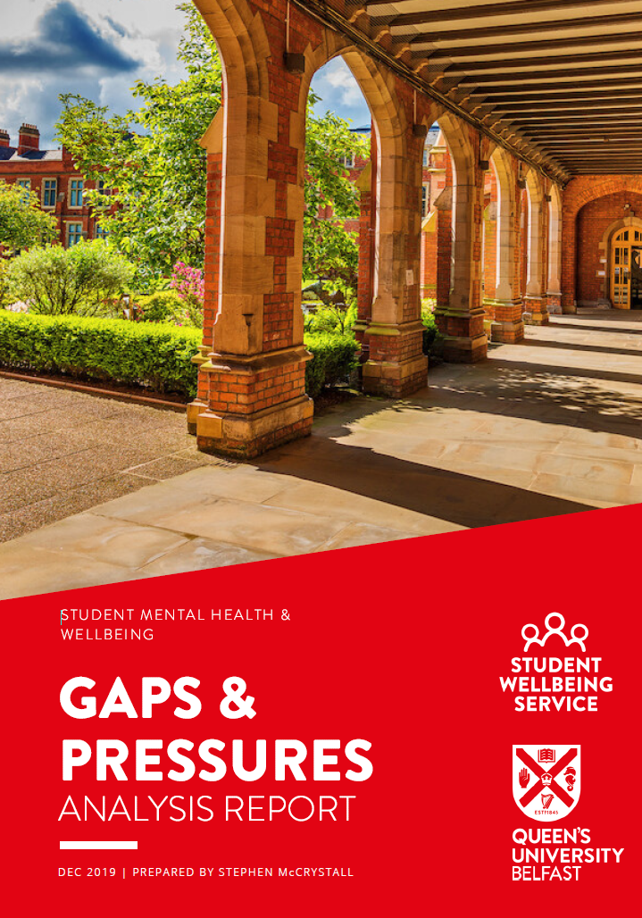 Front cover of Gaps & Pressures Analysis Report. Shows the cloisters of the Lanyon Building. 