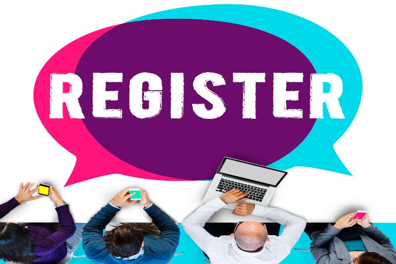 register banner for home page, register with 4 people at at desk