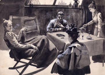 Three women and a man sitting around a table chatting.19th century. Somerville painting.