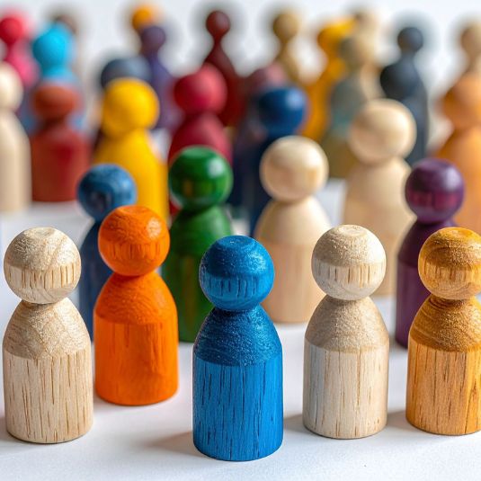 A group of small wooden figures painted in different colours, representing a diverse group of people.