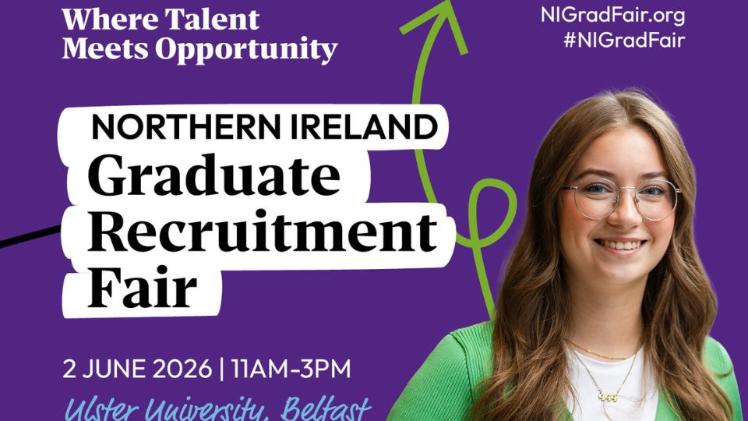 female student standing smiling to camera with s purple background and text about NI Grad Fair 2026