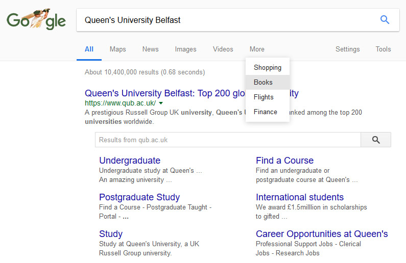 Screenshot showing Google Search Results page for Queen's University Belfast, highlighting the available search filters