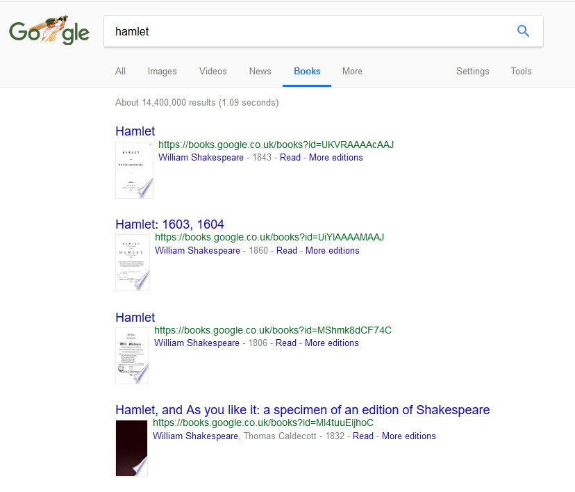Screenshot of the Google Books search results for Hamlet