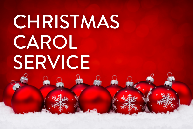 Baubles with Christmas Carol Service in white text