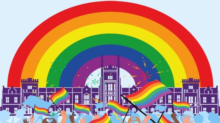 Drawing of Lanyon Building in front of a rainbow
