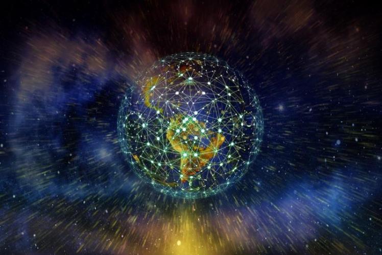 Globe with imaginary connections across