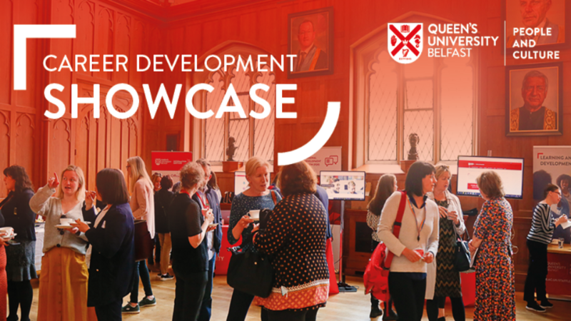 Career development showcase banner showing staff walking through the Great Hall