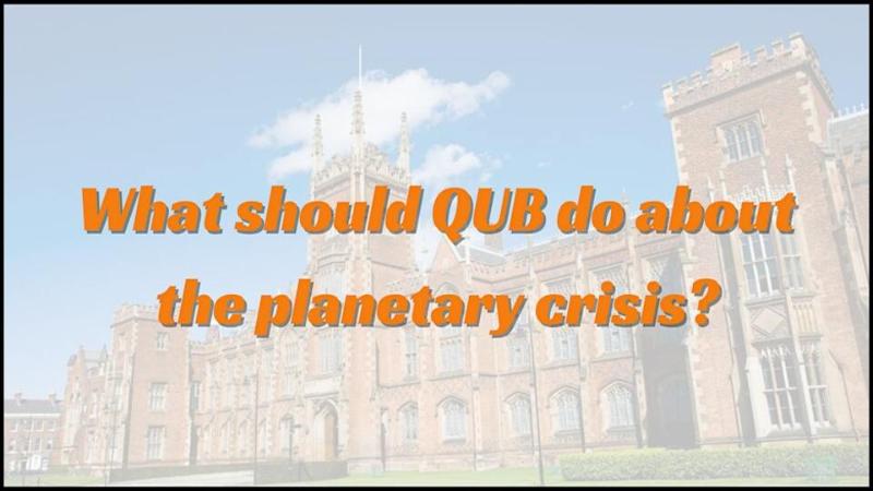 Front of Lanyon with the words What should QUB do about the planetary crisis? laid on top