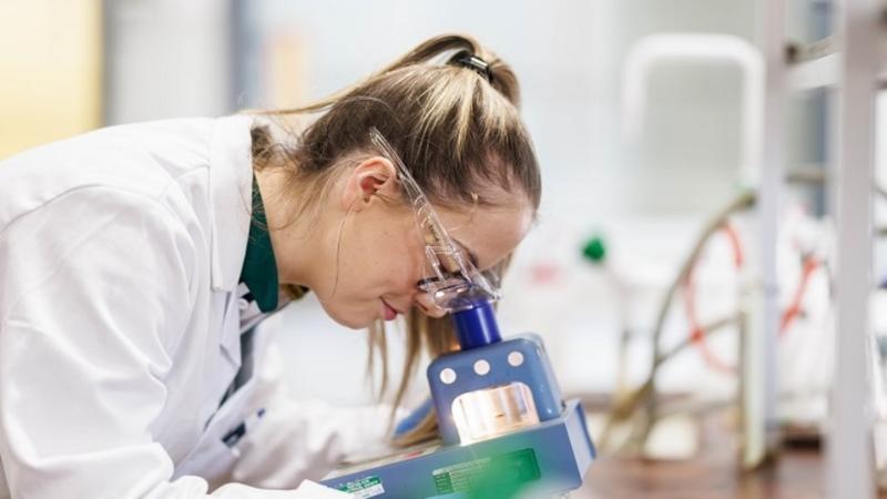 Researcher looking at sample in lab environment