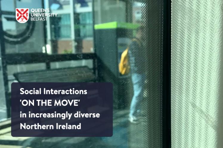 Cover slide for article, with image of young Black man at a Belfast bus stop, seen through a bus window.