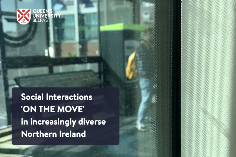 Cover slide for article, with image of young Black man at a Belfast bus stop, seen through a bus window.