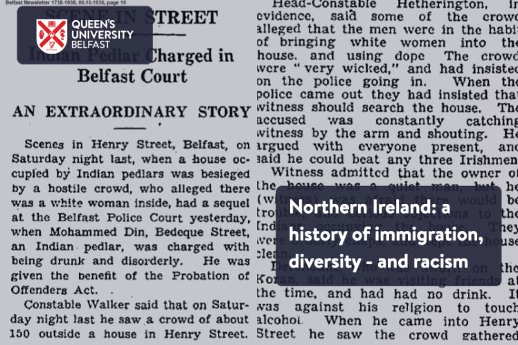 Title slide for story, with title superimposed on images from a 1930s newspaper story about an Indian man in Belfast