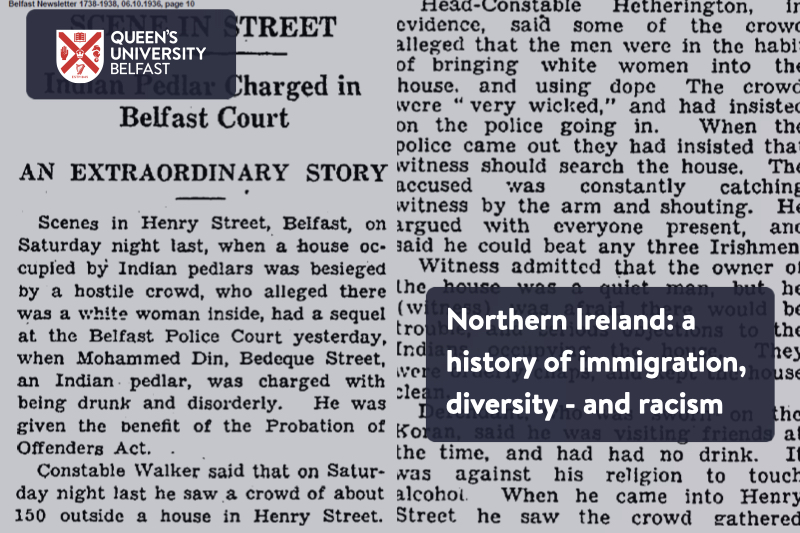 Title slide for story, with title superimposed on images from a 1930s newspaper story about an Indian man in Belfast
