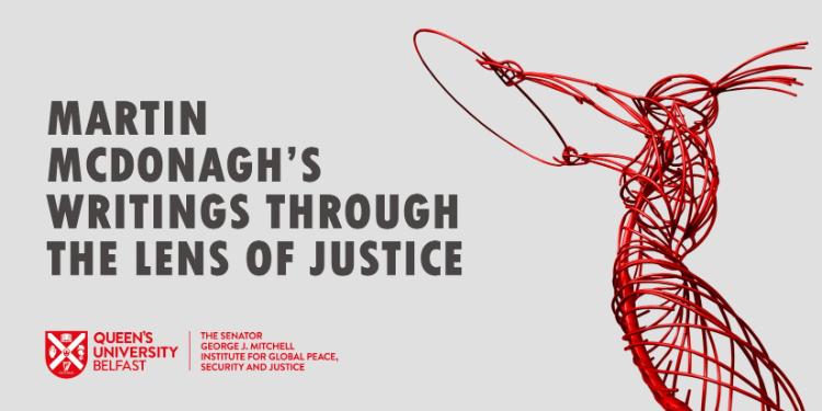 The image shows a beacon of hope statue graphic; the Mitchell Institute logo and event title 'Martin McDonagh's Writing through the Lens of Justice'.