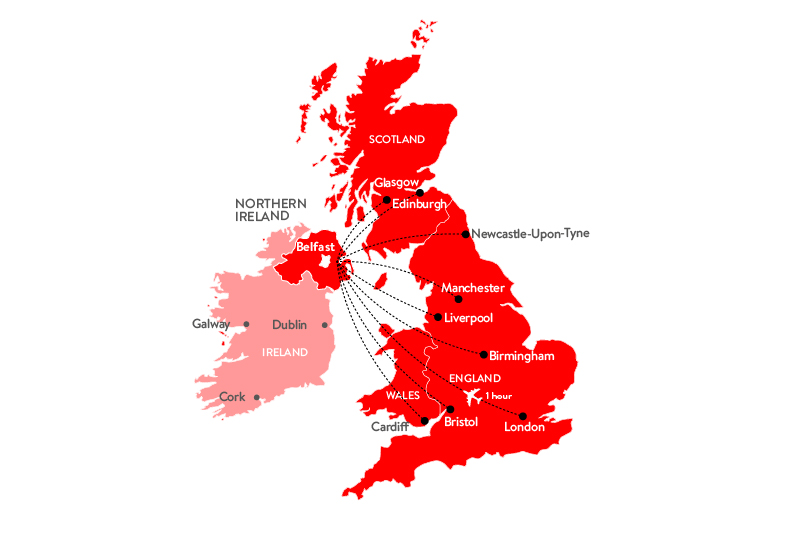 Red map of the UK and Ireland