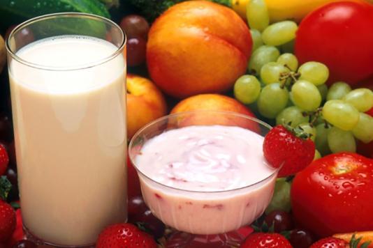 Milk, yogurt and an array of fruits