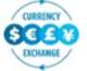Blue circle containing word Currency Exchange divided by Dollar, Euro, Pounds Sterling & Yen symbols
