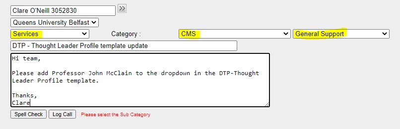 sitehelp desk call logging interface