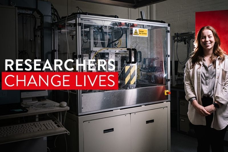 Researchers Change Lives text over image of a researcher in a lab