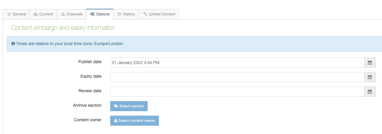 CMS screen showing publish date