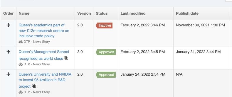 CMS screen showing n/a in publish date screen